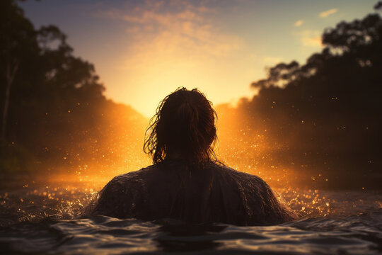 Rear view of person being baptized waist deep in river with sun flare
