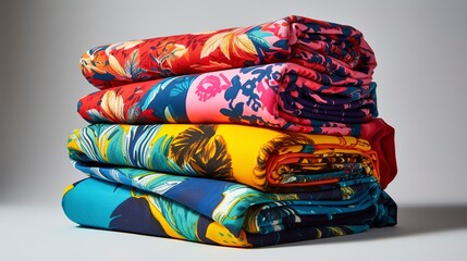 A stack of folded beach towels and cover - ups in vibrant prints. created with Generative AI technology

