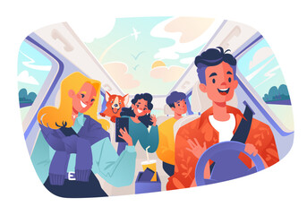 Vector illustration with people traveling on highways and country roads in their car. Couples and friends who smile at each other laughing together while traveling take cute selfies with their dog