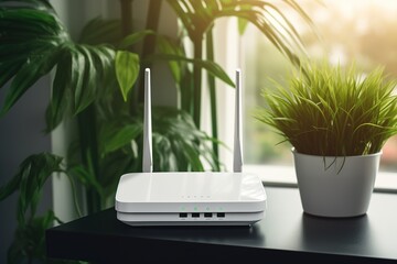 WIFI router with plants. - obrazy, fototapety, plakaty
