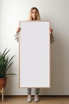 A woman holding a blank picture frame in front of her face.