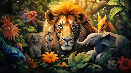 picture of animals in the forest with lion in the middle
