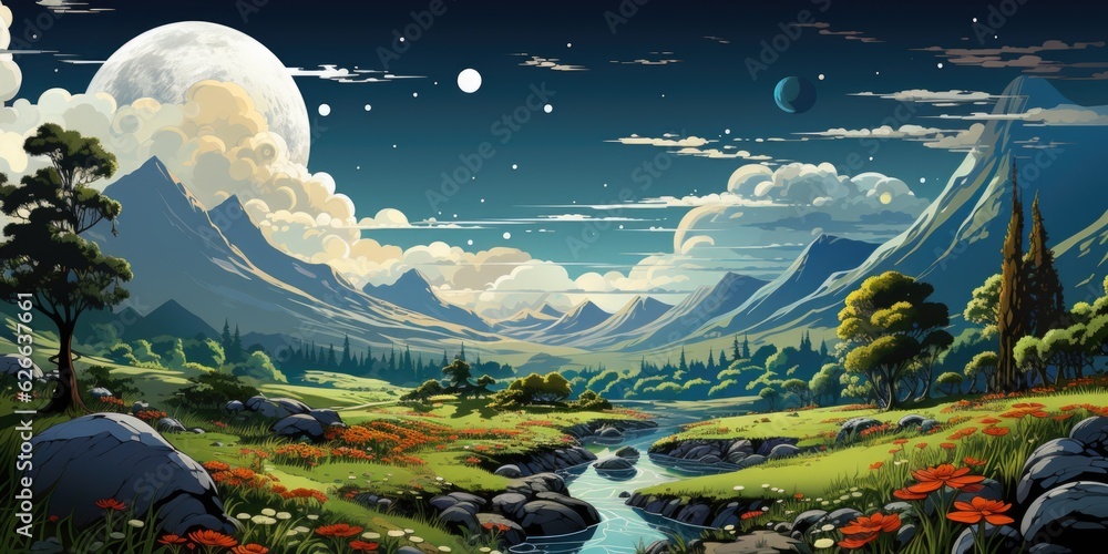 Poster a painting of a mountain landscape with a stream running through it. digital image.