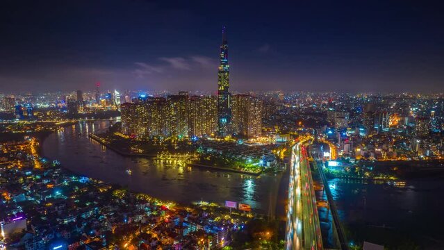 Ho chi minh city or Saigon city at night in Vietnam.