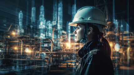 Double exposure of engineer with oil refinery plant