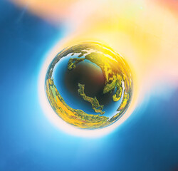 little planet view Green Forest Woods And Lake River Landscape In Sunny Summer sunset sunrise. Aerial View Top View Of Beautiful European Nature From High Attitude. Little Small Planet Concept. yellow