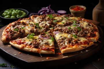 Kebab pizza made with minced meat, cabbage, tomato and garlic sauce.