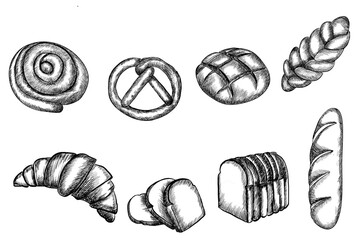 Line art Bread croissant dessert bakery bun french toast
hand drawn sketch illustration isolated  line art 
