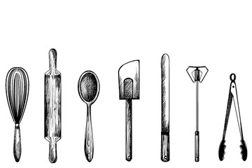 line drawing kitchen utensils kitchen baking spoon spatula food mixer baking pin line art vintage cook book hand drawn on transparent background.
