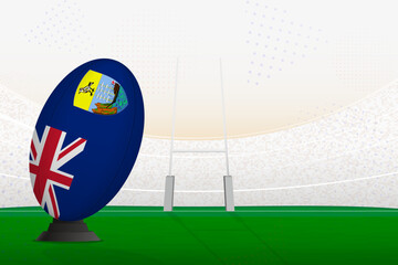 Saint Helena national team rugby ball on rugby stadium and goal posts, preparing for a penalty or free kick.