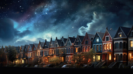 Row of classic family houses facades at night. Suburban neighborhood. Residential building with...