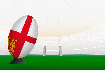 Naklejka premium Sark national team rugby ball on rugby stadium and goal posts, preparing for a penalty or free kick.