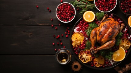 A turkey on a platter with oranges and cranberries.