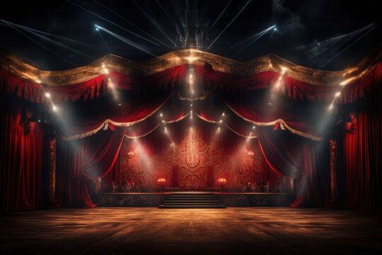 Circus tent with illuminations lights at night. Cirque facade. Festive attraction