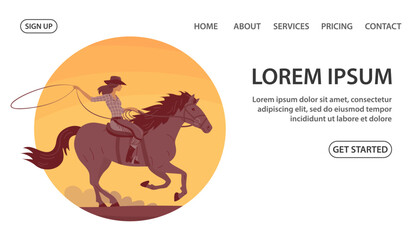 Beautiful cowboy girl in a hat rides a horse. Athletic agile woman swinging rope lasso. Wild West, western, rodeo and horse racing. Design for poster, banner, website. Cartoon vector illustration