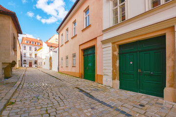 bratislava, slovakia - oct 16, 2019: narrow streets of the old city center. autumn vacations in...