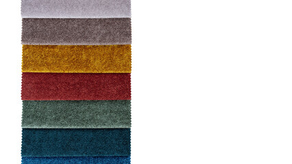 Colorful textile samples, isolated on white, transparent background, PNG. Fabric swatches, set in...