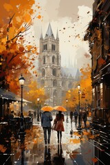 A painting of two people walking down a street with umbrellas. Digital image. Romantic European town on a rainy day in Autumn.