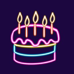  birthday cake with candles glowing desktop icon, cake neon sticker, neon figure, glowing figure, neon geometrical figures 