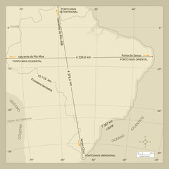 Mapa do Brasil, Pontos Extremos e Fronteiras, Cinza © JCGX
