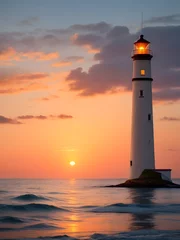 Deurstickers Warm oranje lighthouse at sunset