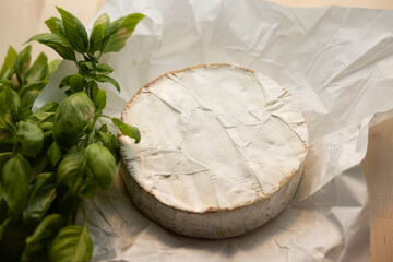 Unwrapped French Brie Cheese and Basil on a table next to a kitchen window at sunset