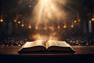 Angled overhead shot of a bible open on a pulpit with shafts of light