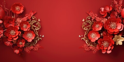 Obraz na płótnie Canvas A pair of red flowers on a red background. Elegant design for Chinese New Year greeting card.