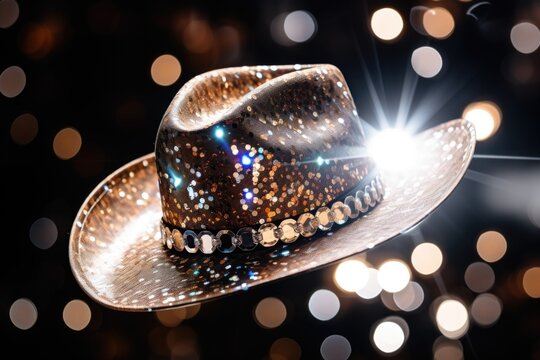 A cowboy hat with sparkling lights in the background. Digital image. Discoball hat.