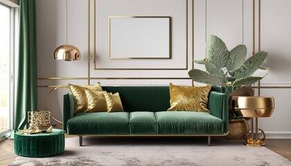 Luxury living room in house with modern interior design, green velvet sofa, coffee table, pouf, gold decoration, plant, lamp, carpet, mock up poster frame and elegant accessories