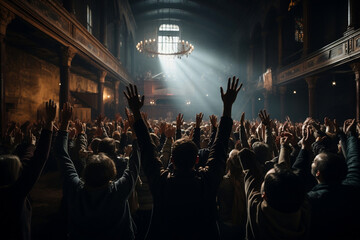 Fototapeta na wymiar A church congregation lifting their hands up high in worship