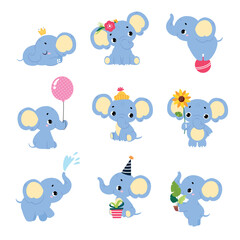 Cute Baby Elephant Character with Trunk Engaged in Different Activity Vector Set