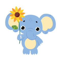 Cute Baby Elephant Character with Trunk Hold Sunflower Vector Illustration