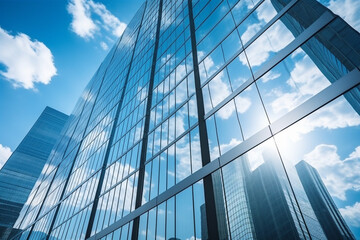 Reflective skyscrapers, business office buildings. Low angle photography of glass curtain wall details of high-rise buildings.The window glass reflects the blue sky and white clouds. . High quality