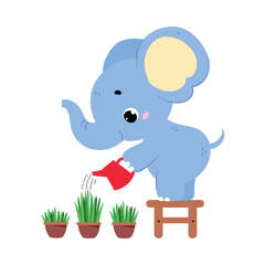 Cute Baby Elephant Character with Trunk Water Plant in Pot Vector Illustration