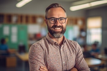 Obraz premium Handsome bearded man teacher in classroom with arms crossed, cheerful education from elementary to university