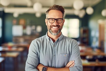 Fototapeta premium Handsome bearded man teacher in classroom with arms crossed, cheerful education from elementary to university