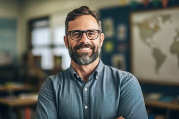 Handsome bearded man teacher in classroom with arms crossed, cheerful education from elementary to university