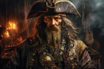 Pirate portrait, bearded man in costume on ship, old movie character with hat