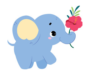 Cute Baby Elephant Character with Trunk Holding Flower Vector Illustration