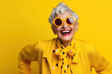 Foto op Plexiglas Happy senior woman in colorful yellow outfit, cool sunglasses, laughing and having fun in fashion studio © iridescentstreet