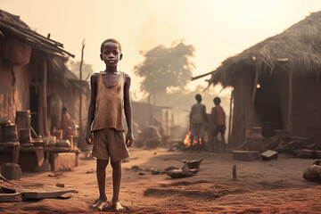 Portrait of little kid, dirty boy standing in poor african village, concept of hunger
