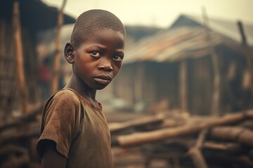 Portrait of little kid, dirty boy standing in poor african village, concept of hunger