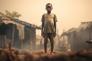 Portrait of little kid, dirty boy standing in poor african village, concept of hunger - obrazy, fototapety, plakaty