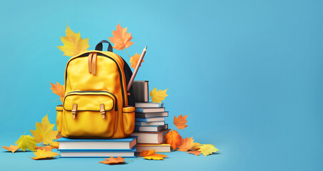 Fototapeta premium Blue color banner with yellow bright backpack and books and yellow flats, copy space for text, AI generated