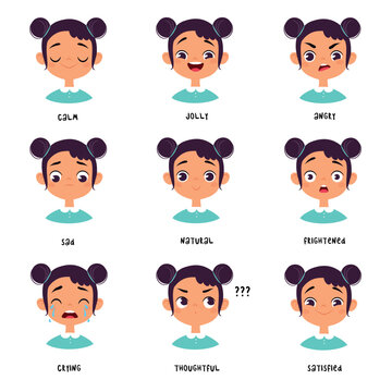 Cute Girl Emotions and Face Expressions Vector Set