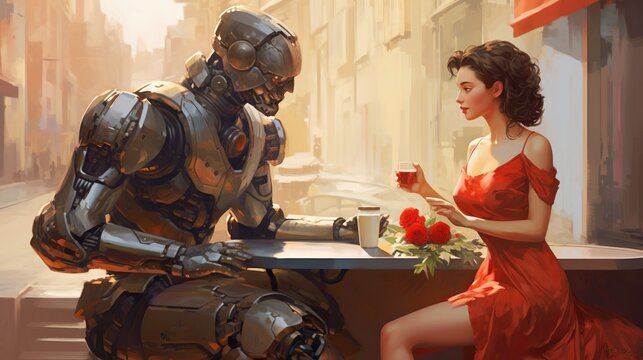 Romantic date in cafe with AI robot and human woman, beautiful couple in love, futuristic cyborg and girl sharing emotions in restaurant