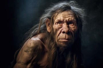 Portrait of a neanderthal man, prehistoric human, tribal caveman in a dark cave, hunter from prehistory era - obrazy, fototapety, plakaty