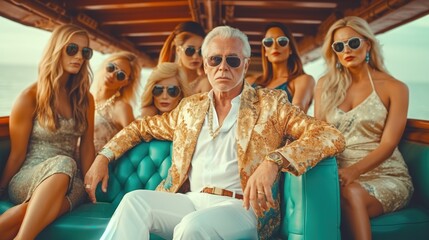 Wealthy senior man at luxury yacht party, oligarch lifestyle with glamorous women, billionaire summer cruise vacation