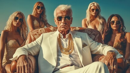 Wealthy senior man at luxury yacht party, oligarch lifestyle with glamorous women, billionaire summer cruise vacation - obrazy, fototapety, plakaty